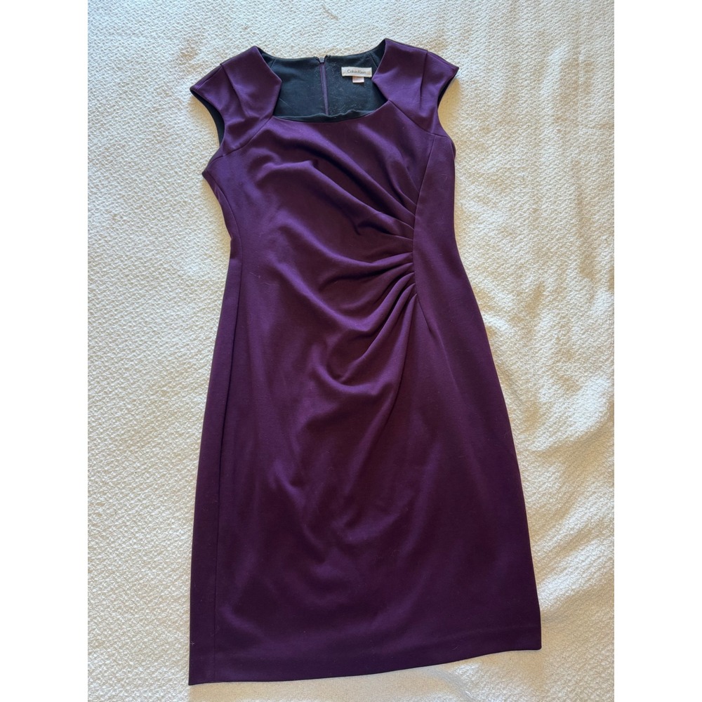 Calvin Klein Purple Ruched Sheath Dress Sleeveless Notched Neckline CD8C114L